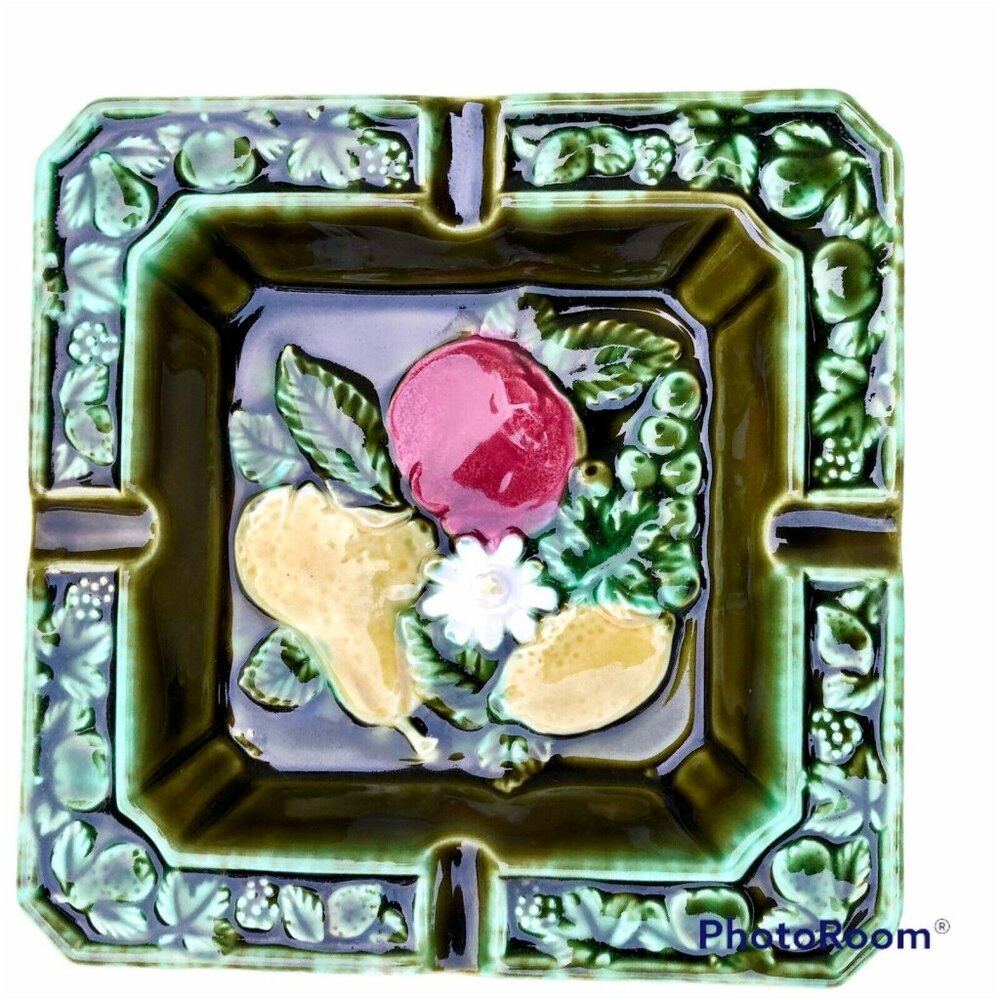 Vintage Nevco Japan Ashtray Avocado Green with Apple Pear‎ Lemon Fruit Signed
